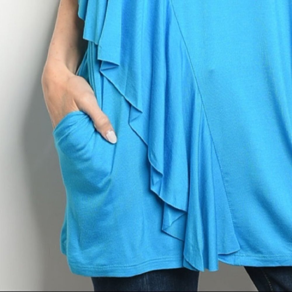 3/$15 Cerulean Blue Ruffled Blouse with Pockets - Picture 2 of 6